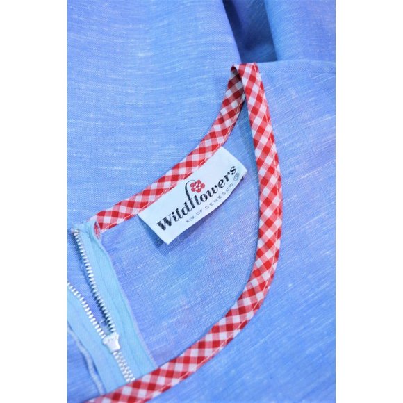 Vintage 1960s Picnic Dress Blue Chambray Red Checkered Sheath | W 28" - Picture 6 of 9